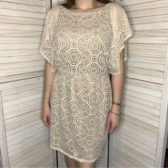 Emma & Michele Neutral Cream Cut Out Crochet Drapey Sleeves Mini Dress Like New - Picture 1 of 10